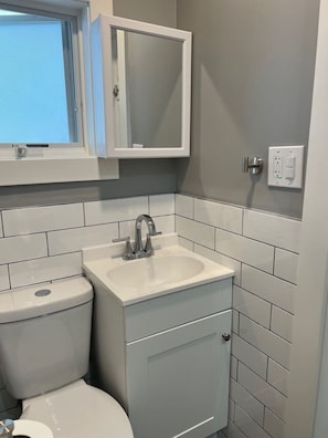 Shower, hair dryer, towels, toilet paper