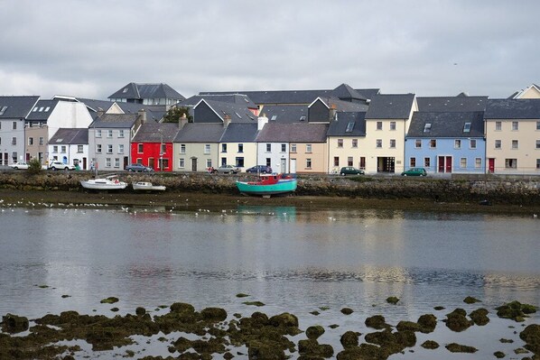 A row of colorful houses by a calm body of water with boats docked nearby. - Atlantic Lodge (Galway)