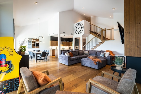 Smart TV, fireplace, video games, stereo