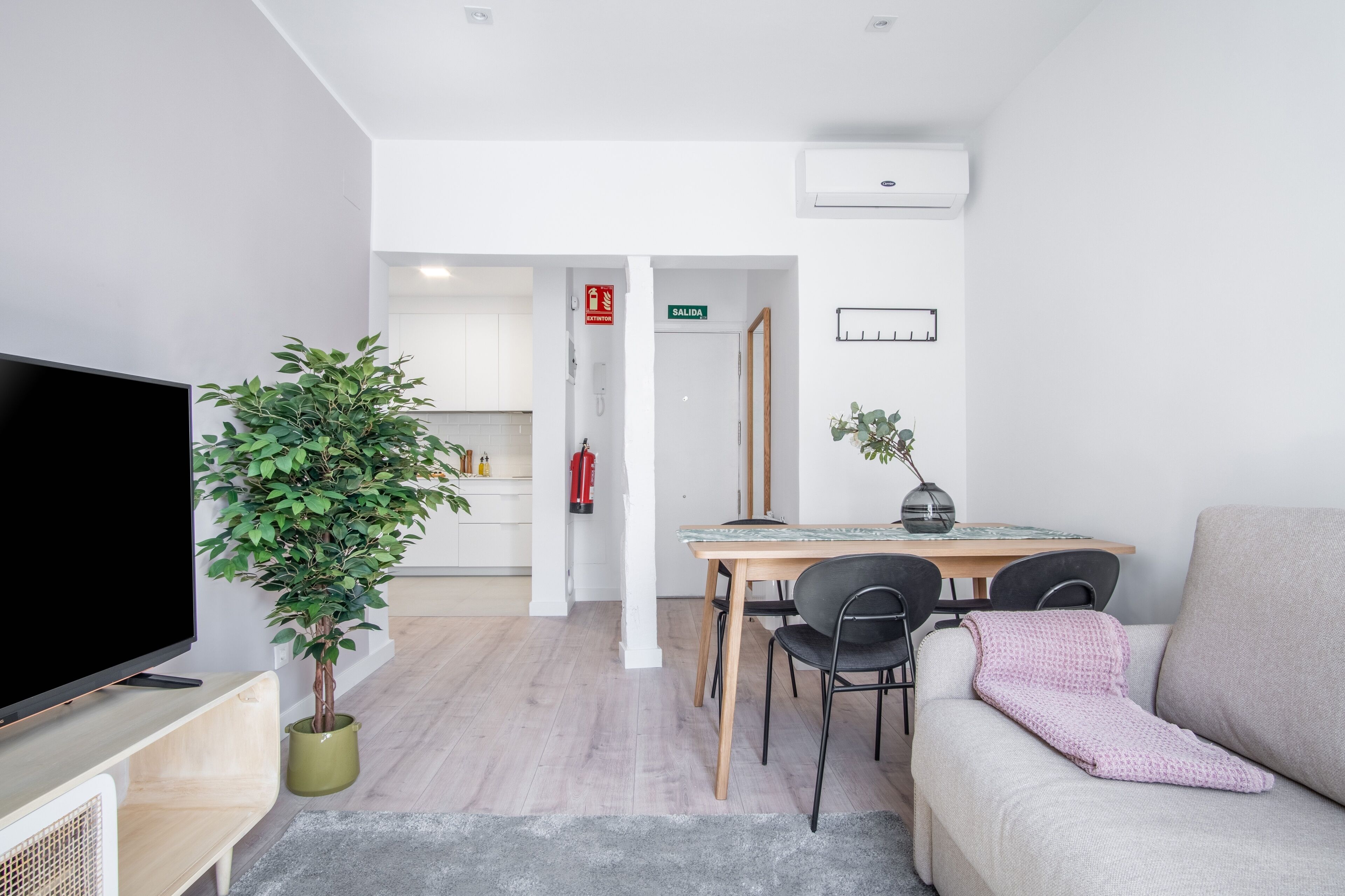 Una sala de estar moderna con una televisión de pantalla plana, una planta en maceta, un sofá gris y un comedor con mesa y sillas.