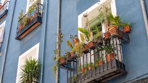 A building with blue walls and multiple balconies with potted plants. - Limehome Madrid Calle Ave María (Madrid)