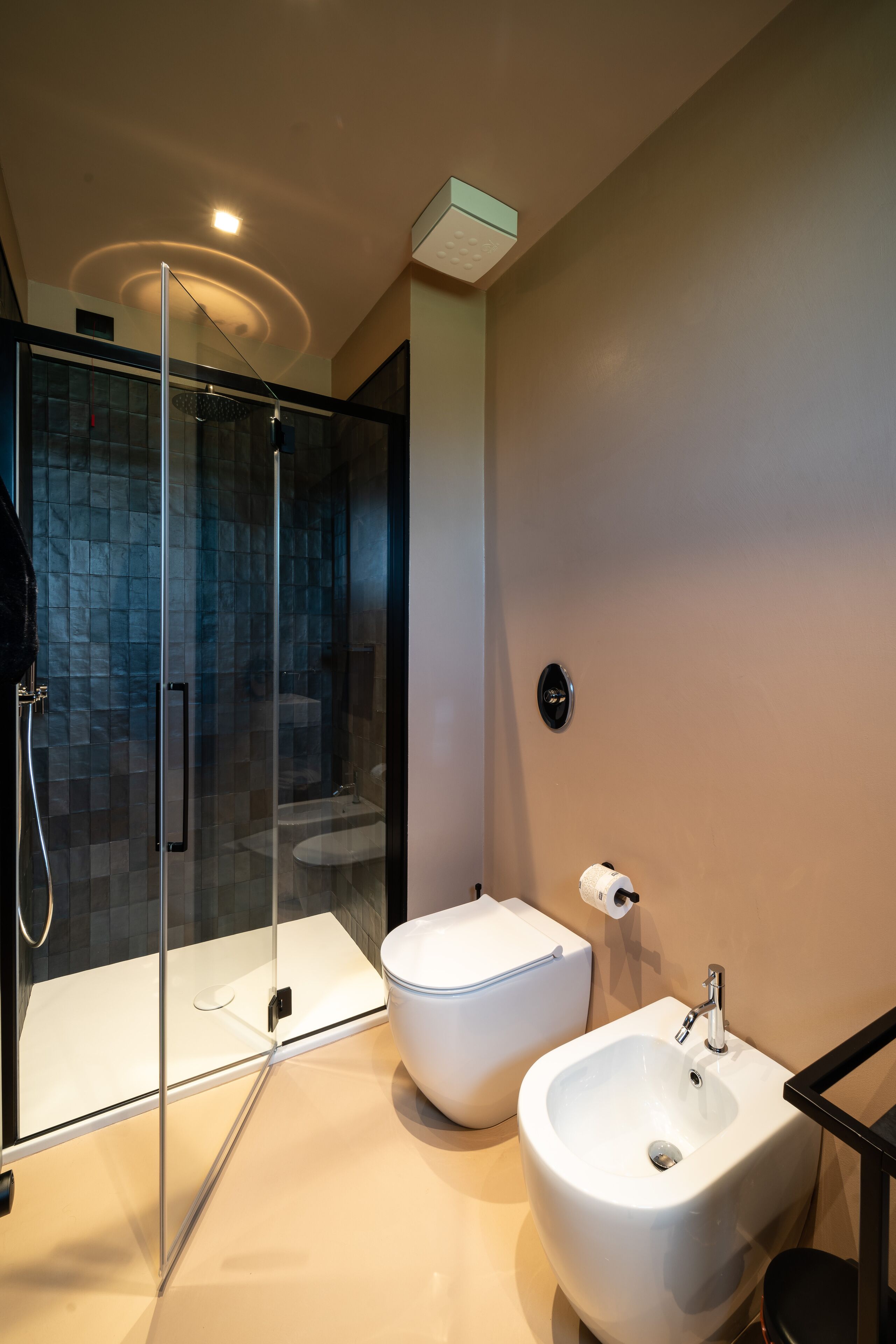 Et moderne badeværelse med en glasvæg omkring brusenichen, en bidet og en hvid vask.