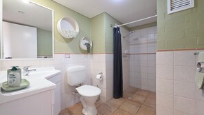 Ein Badezimmer mit Toilette, Waschbecken, Spiegel, Dusche und Handtuchhalter.