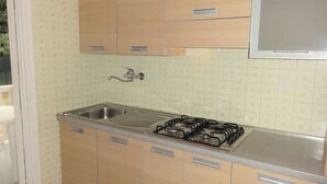 Eine Küche mit Holzausstattung, einer Edelstahlspüle und einem Gasherd.
