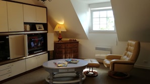 Een televisie, een dvd-speler, boeken en een stereo