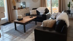A modern living room with a black sofa, a wooden coffee table, and a patterned rug. There is a ceiling light fixture and a cactus plant on a side table.