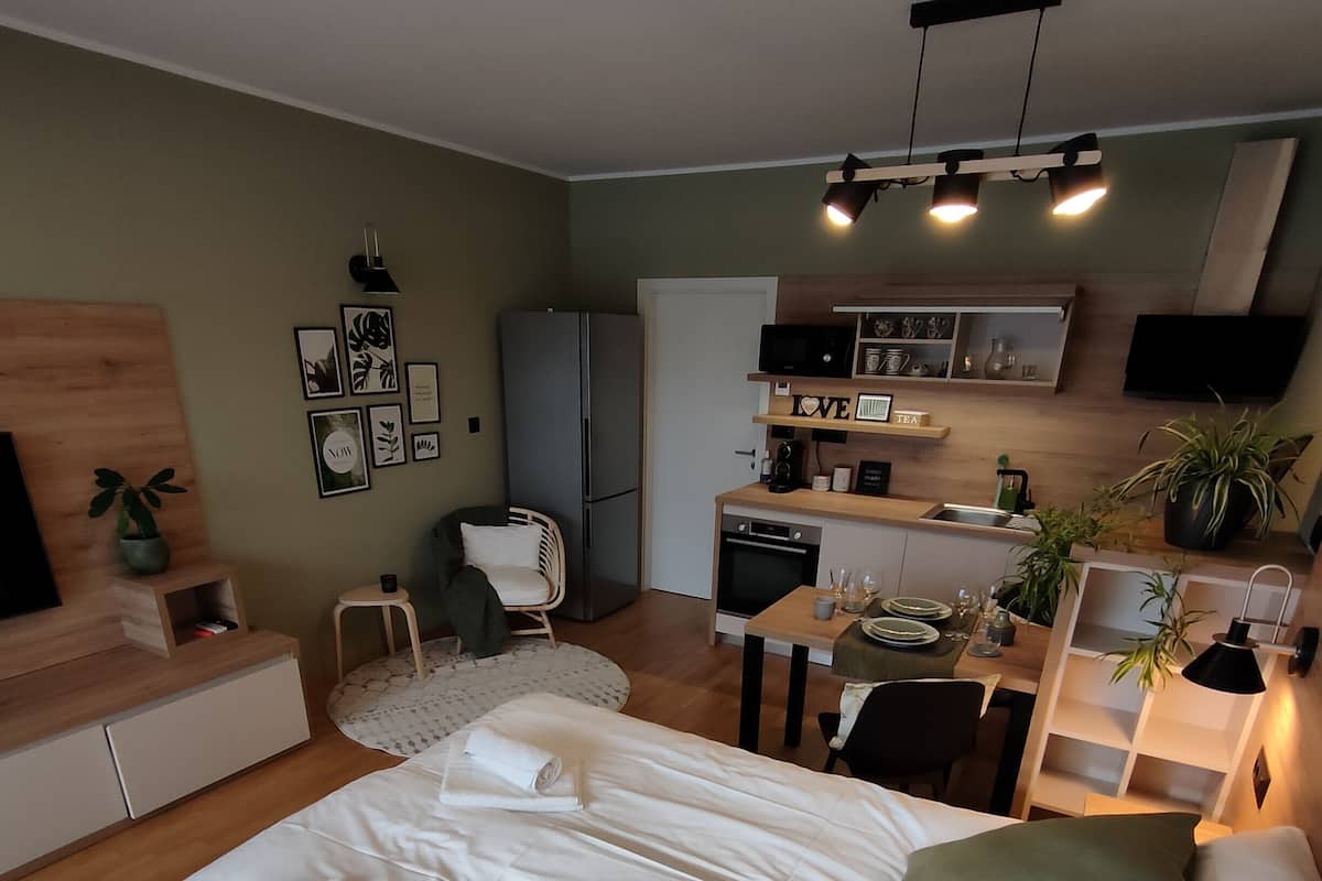 A modern, compact living space with a bed, kitchenette, and seating area.
