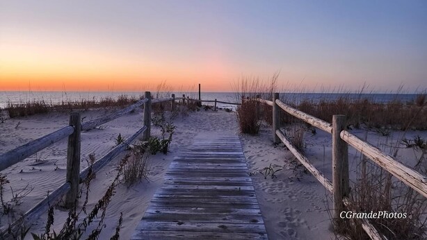 A wooden boardwalk leading to the beach at sunset. - Beach Haven Long Beach Island (Beach Haven)