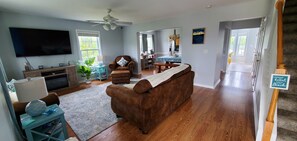 Smart TV, fireplace, books, music library