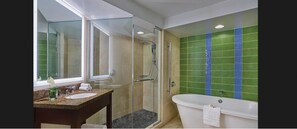 Combined shower/tub, hair dryer, towels, soap