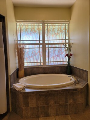 Combined shower/bathtub, hair dryer, towels, soap