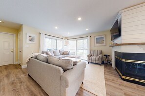 TV, fireplace, DVD player, books