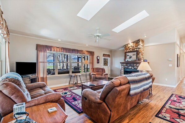 TV, fireplace, books