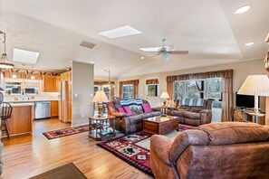 TV, fireplace, books