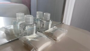 Toiletries including shampoo and soap on a bathroom counter. - Eco Inn (Cusco)