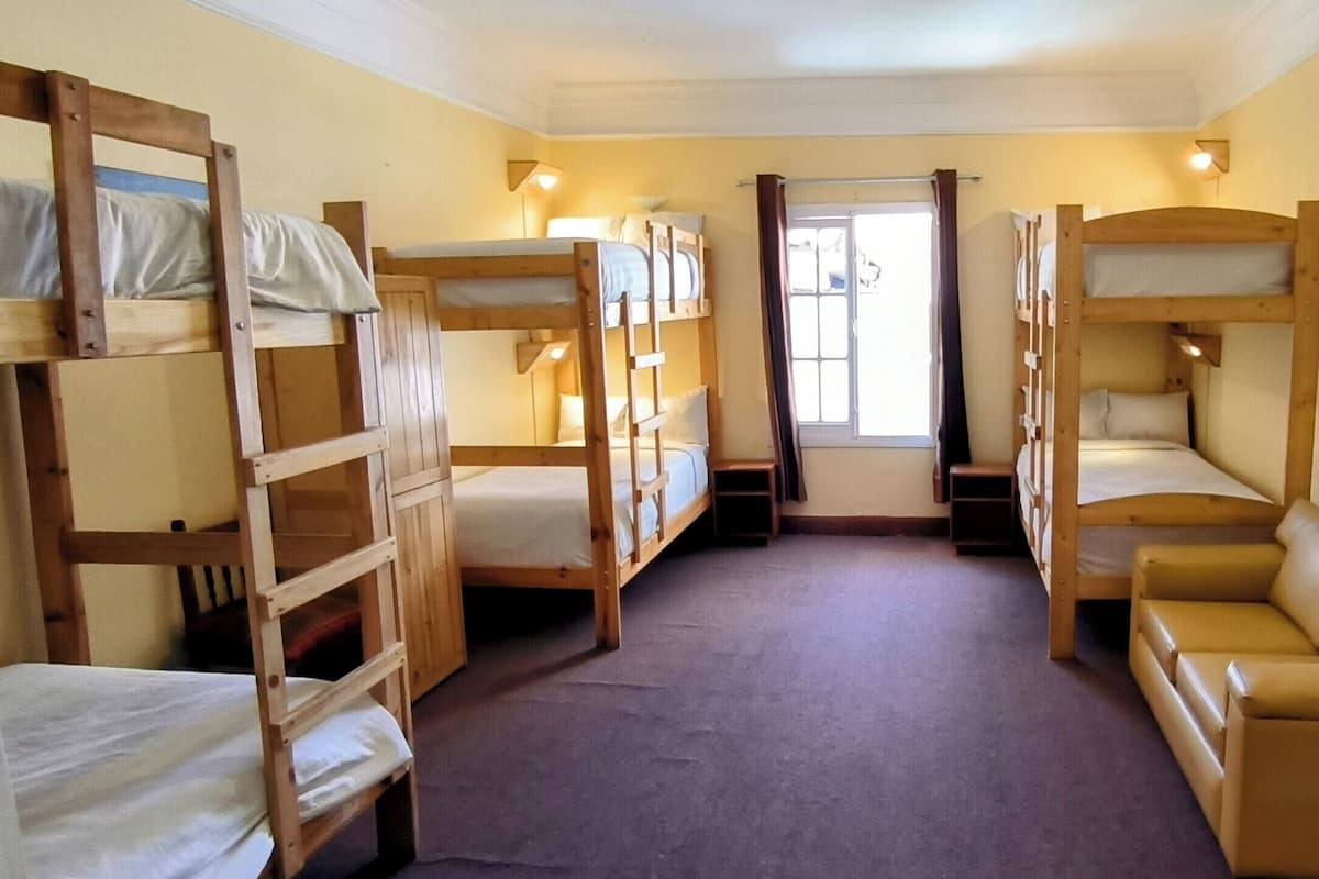 A room with bunk beds and a sofa, a window with curtains, and a framed picture on the wall.