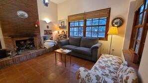 Fireplace, DVD player, books, stereo