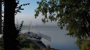 En småbåtshamn med förtöjda båtar, omgiven av träd och ett stilla vattenområde.
