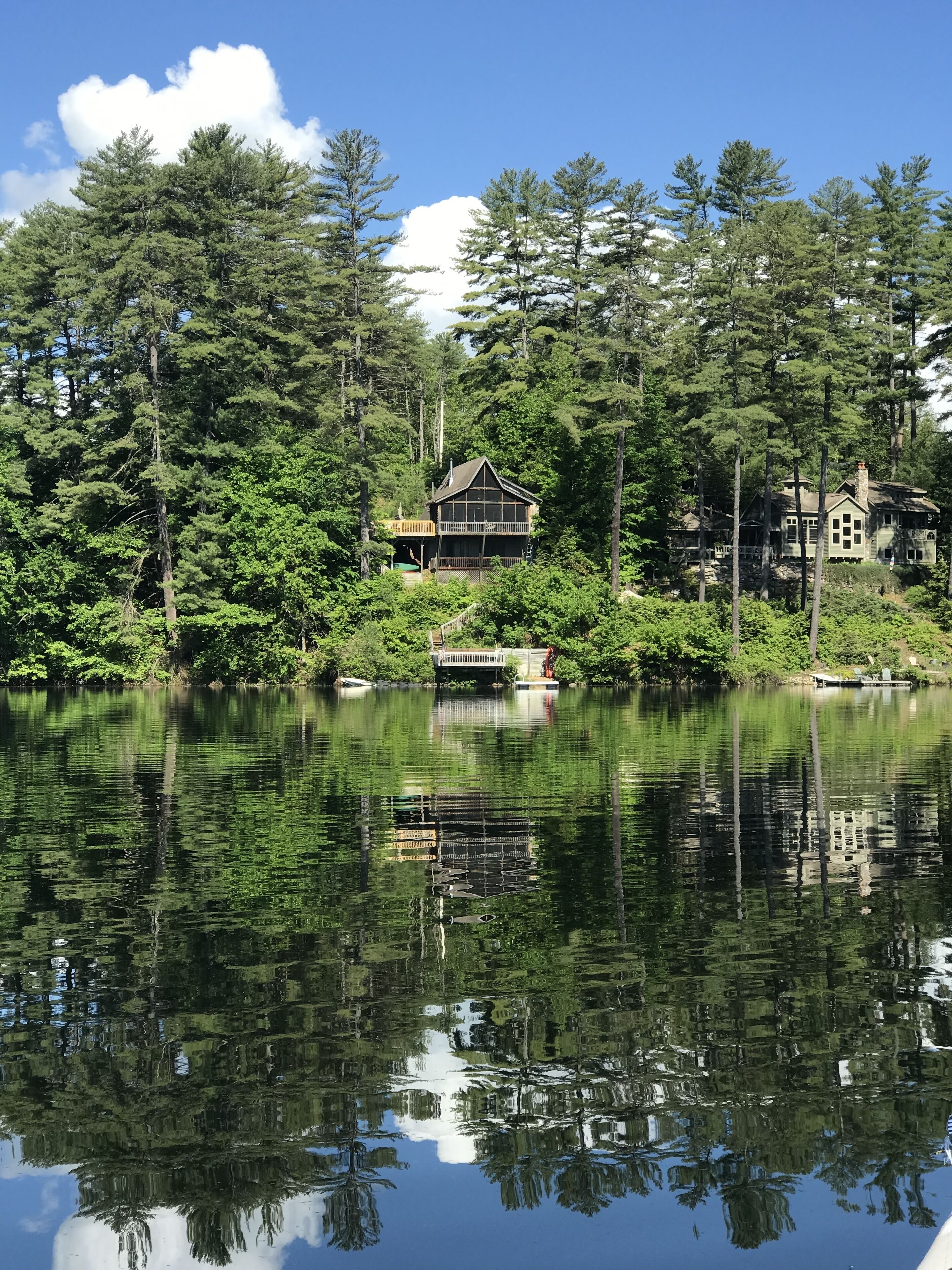 A lakeside cabin with a dock, surrounded by dense forest and reflecting in the calm water.