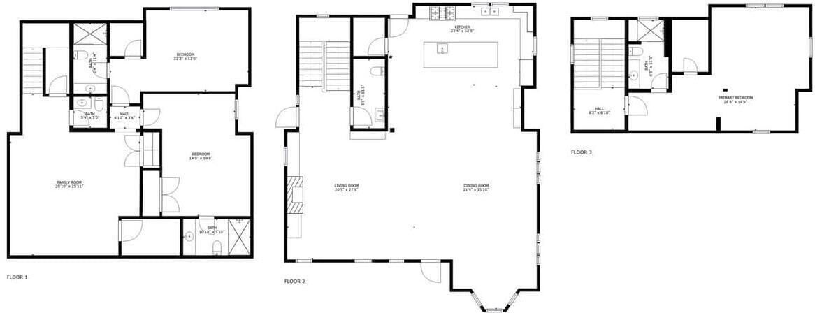Plattegronden van een hotel met drie verdiepingen, inclusief slaapkamers, badkamers, een woonkamer en een keuken.