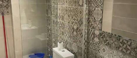 Un bagno con WC, lavabo e zona doccia.