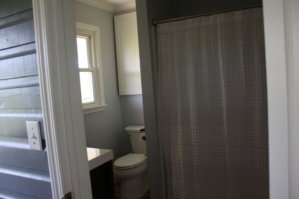 A bathroom with a toilet, a window, and a shower curtain.