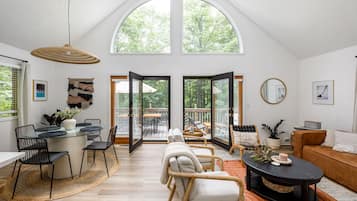 TV connectée, cheminée, livres, chaßne hi-fi