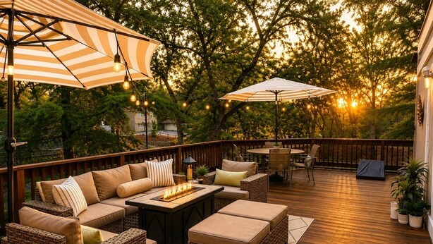 A deck with outdoor furniture, including a sofa, chairs, and a table, surrounded by trees and string lights.