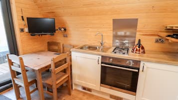 Fridge, electric kettle, toaster, cookware/dishes/utensils