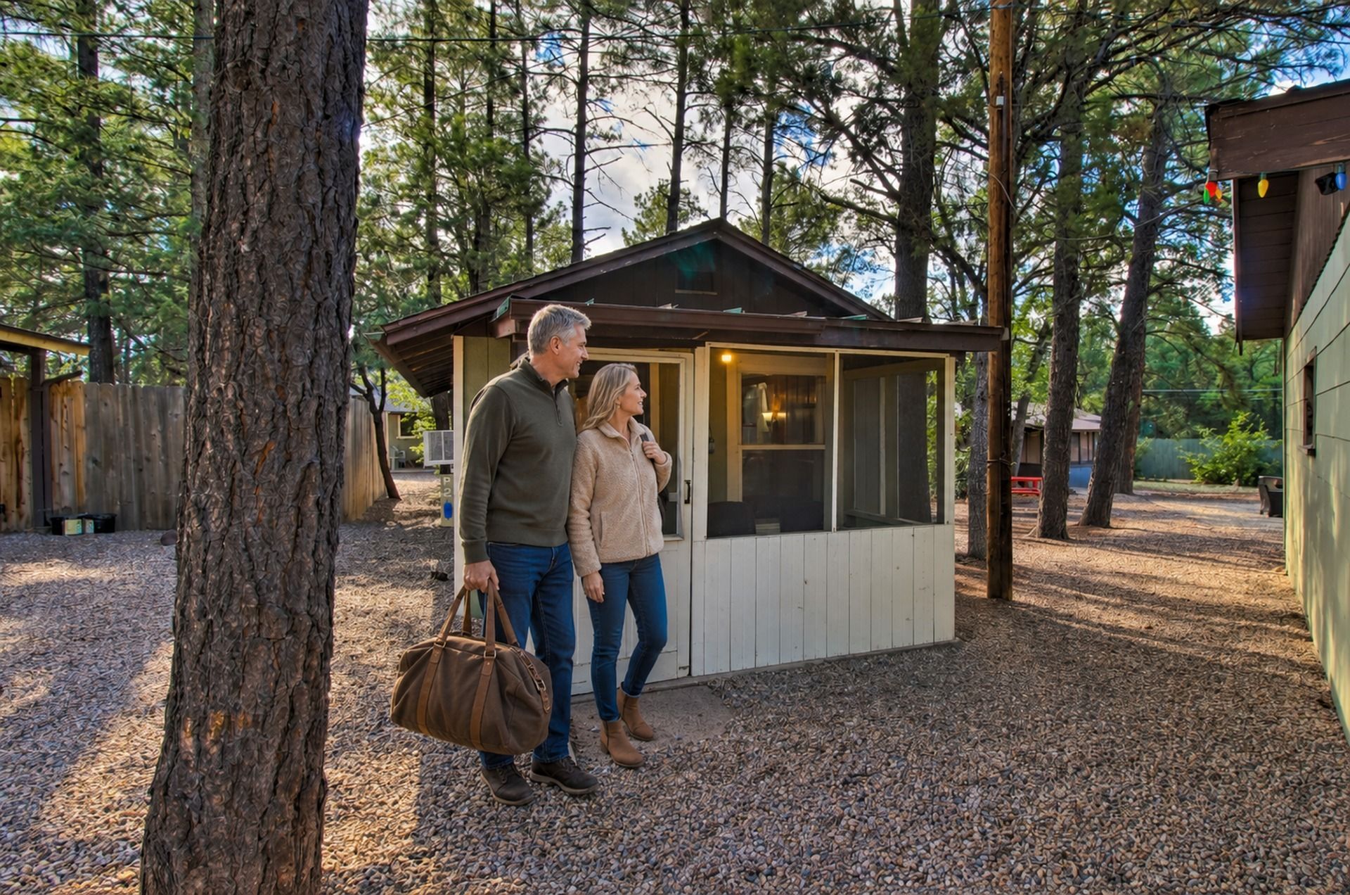 A couple standing in front of a small wooden cabin with a sloped roof, surrounded by trees.