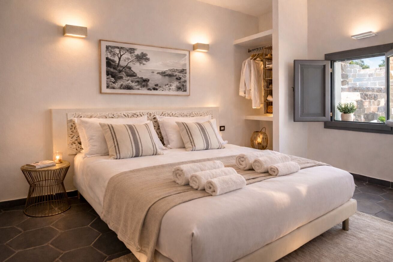 Ein Schlafzimmer mit einem großen Bett, Nachttischlampen, einem gerahmten Bild, einem Kleiderschrank und einem Fenster mit Blick.