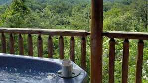 A wooden balcony with a view of a lush forest and mountains.
