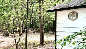 A rustic cabin with a wooden exterior, surrounded by dense forest.