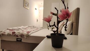 Habitación de hotel con una cama, una mesita de noche con planta en maceta, un espejo y una puerta.