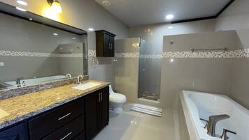 Bathtub, hair dryer, bidet, towels