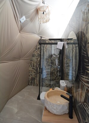 Shower, rainfall showerhead, hair dryer, bathrobes