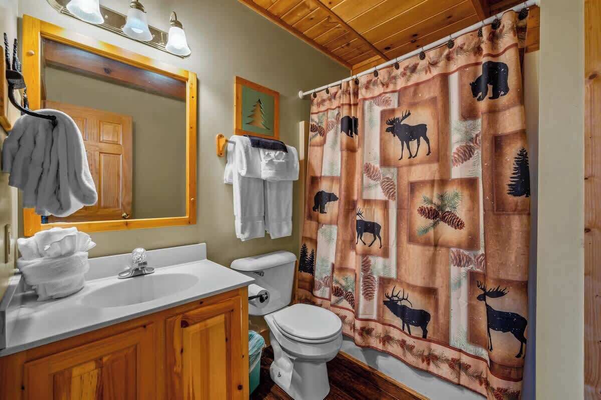A bathroom with a wooden vanity, a sink, a toilet, and a shower curtain with animal prints.