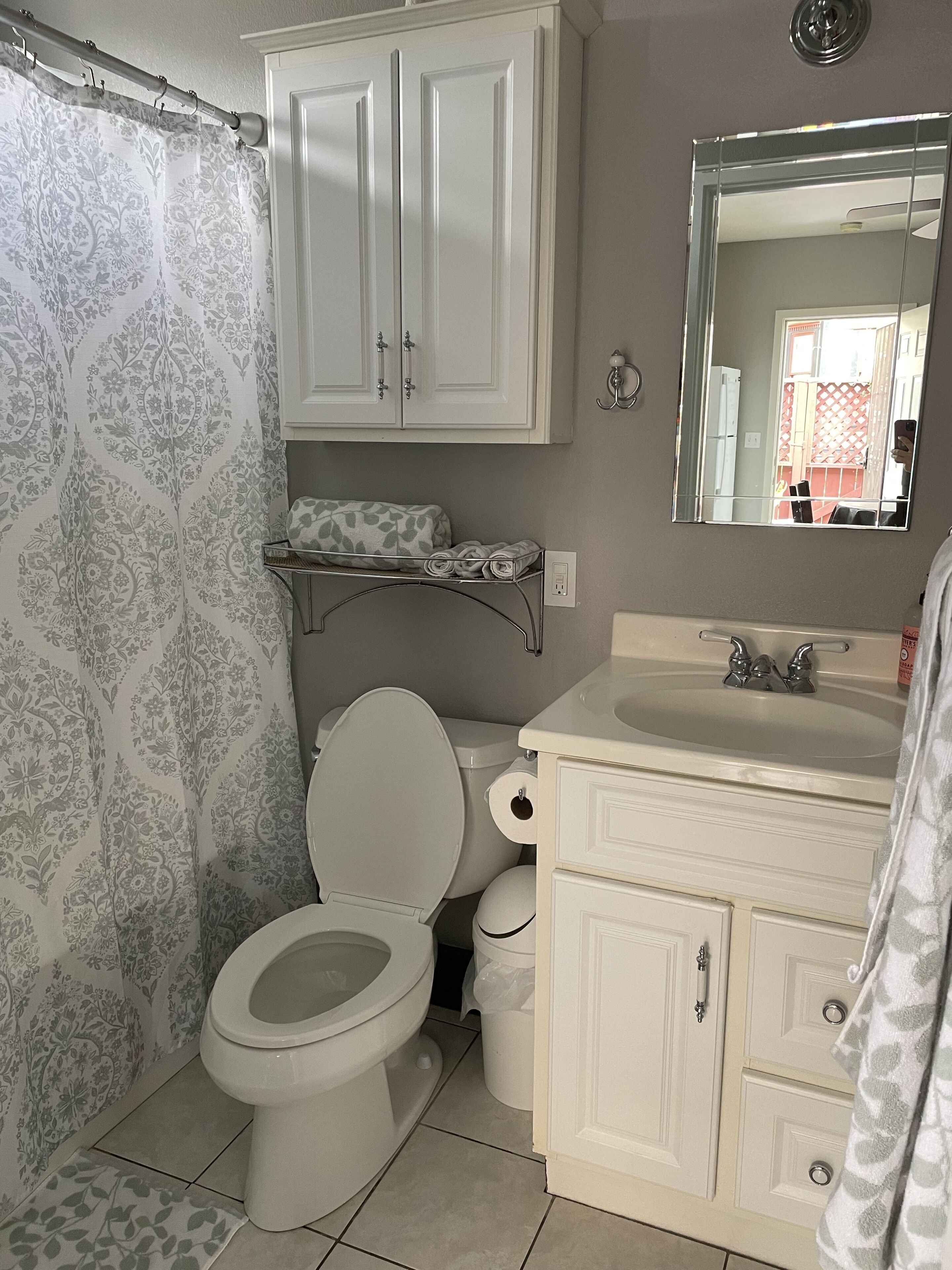 Ein Badezimmer mit Toilette, Waschbecken, Spiegel und Duschvorhang.
