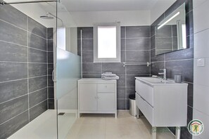 Shower, hair dryer, towels