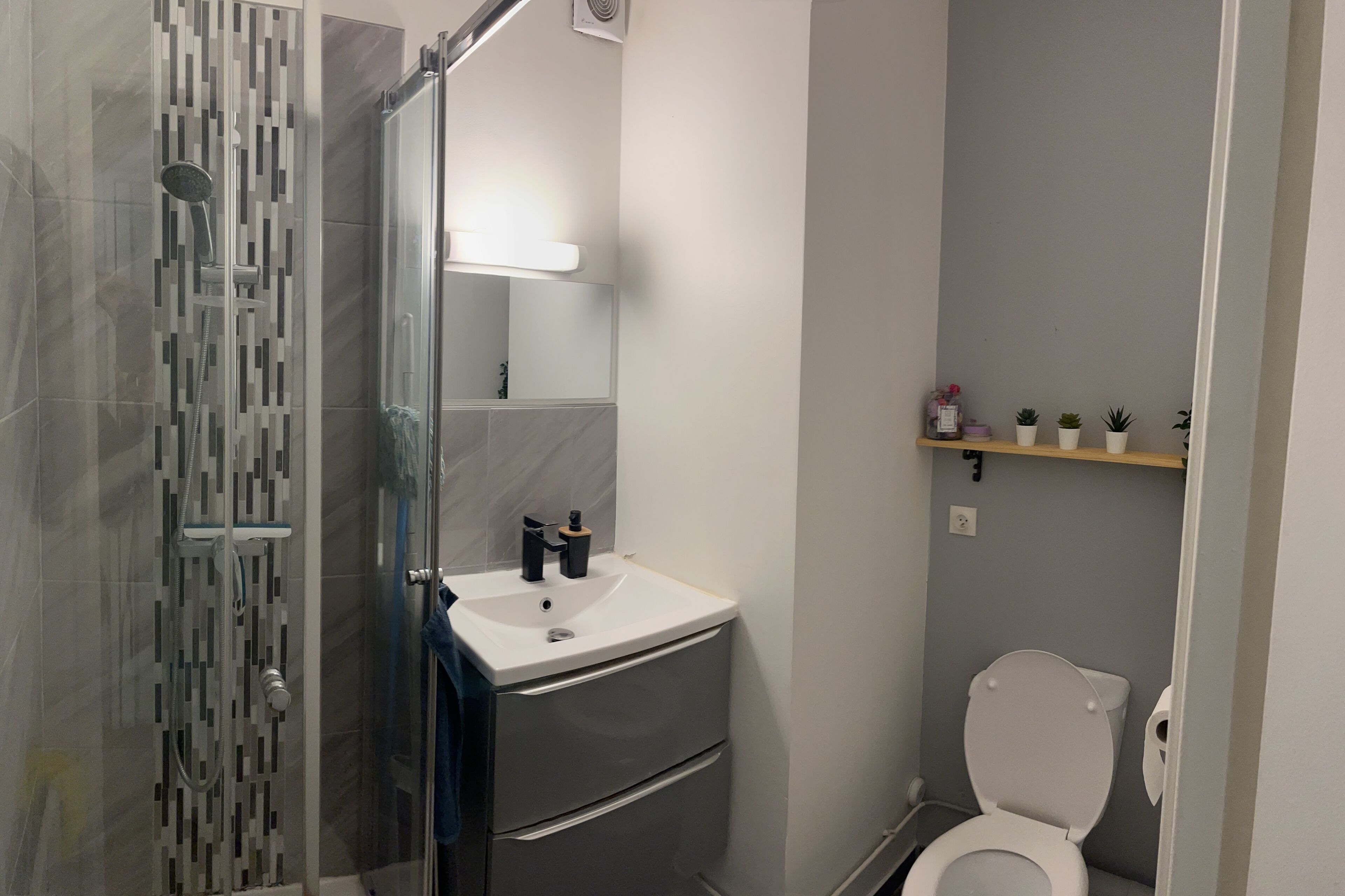 Et moderne badeværelse med en glasbrusekabine, et hvidt håndvaskarrangement med et spejl og et toilet med en hylde over.
