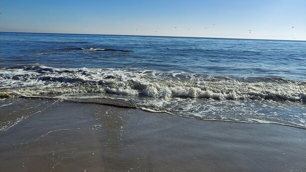 A beach with waves crashing onto the shore under a clear blue sky. - Attached Unit, a few minute walk from the Beach (Santa Barbara)