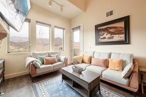 Smart TV, fireplace, DVD player, books