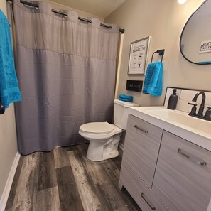 Combined shower/bathtub, hair dryer, towels, soap