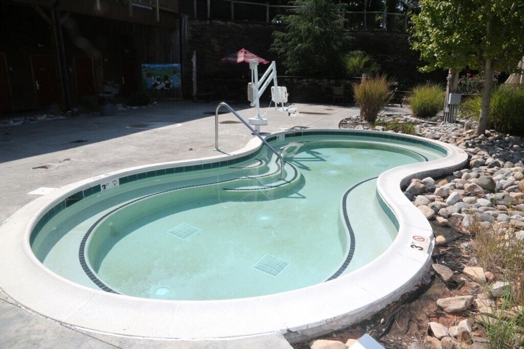 A swimming pool with a curved edge, surrounded by rocks and plants.