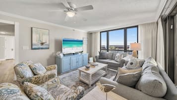 Condo, Multiple Beds, Private Pool, Beach View | Living area | 42-inch TV with cable channels