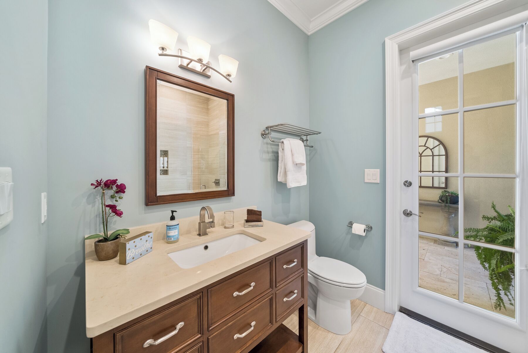 A bathroom with a large mirror, a sink, a toilet, and a glass door leading to an outdoor area.