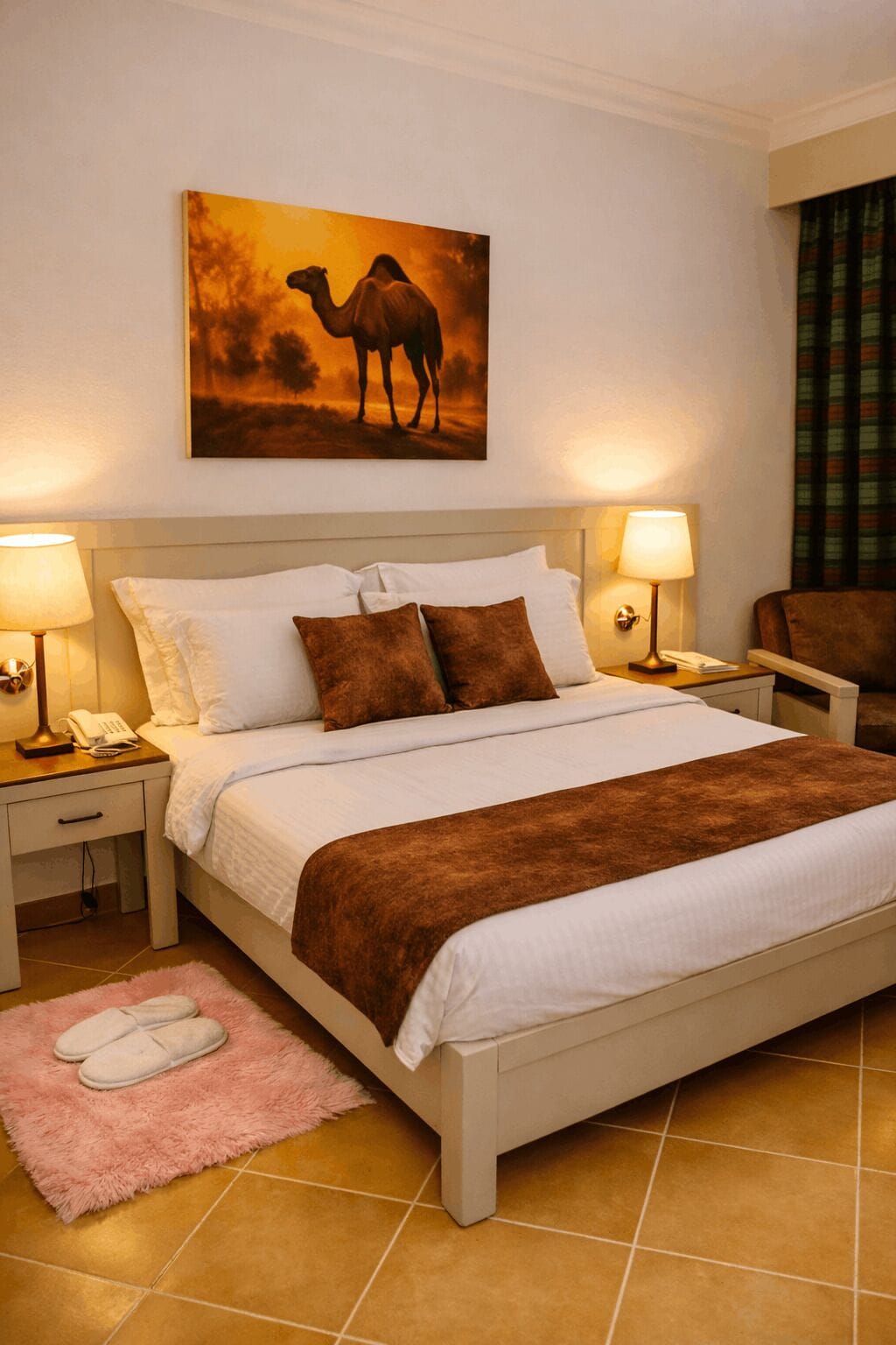 A neatly made bed with white and brown bedding, two bedside lamps, a telephone, a pink fluffy rug, and a camel painting on the wall.