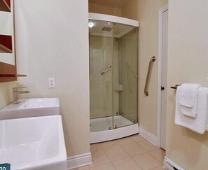 Hair dryer, towels, soap, shampoo
