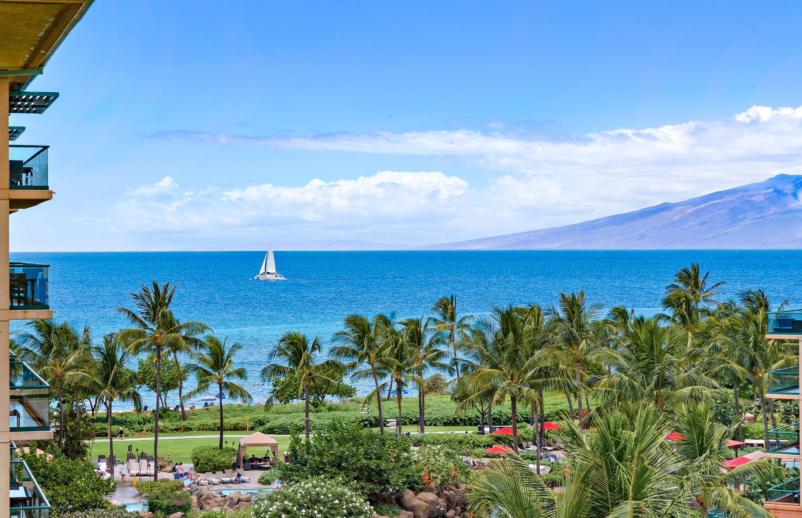 A resort with a view of the ocean, palm trees, and a mountain in the background.