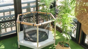 Ein Eck-Trampolin mit Netz, umgeben von Kübelpflanzen und einem Holenzaun.